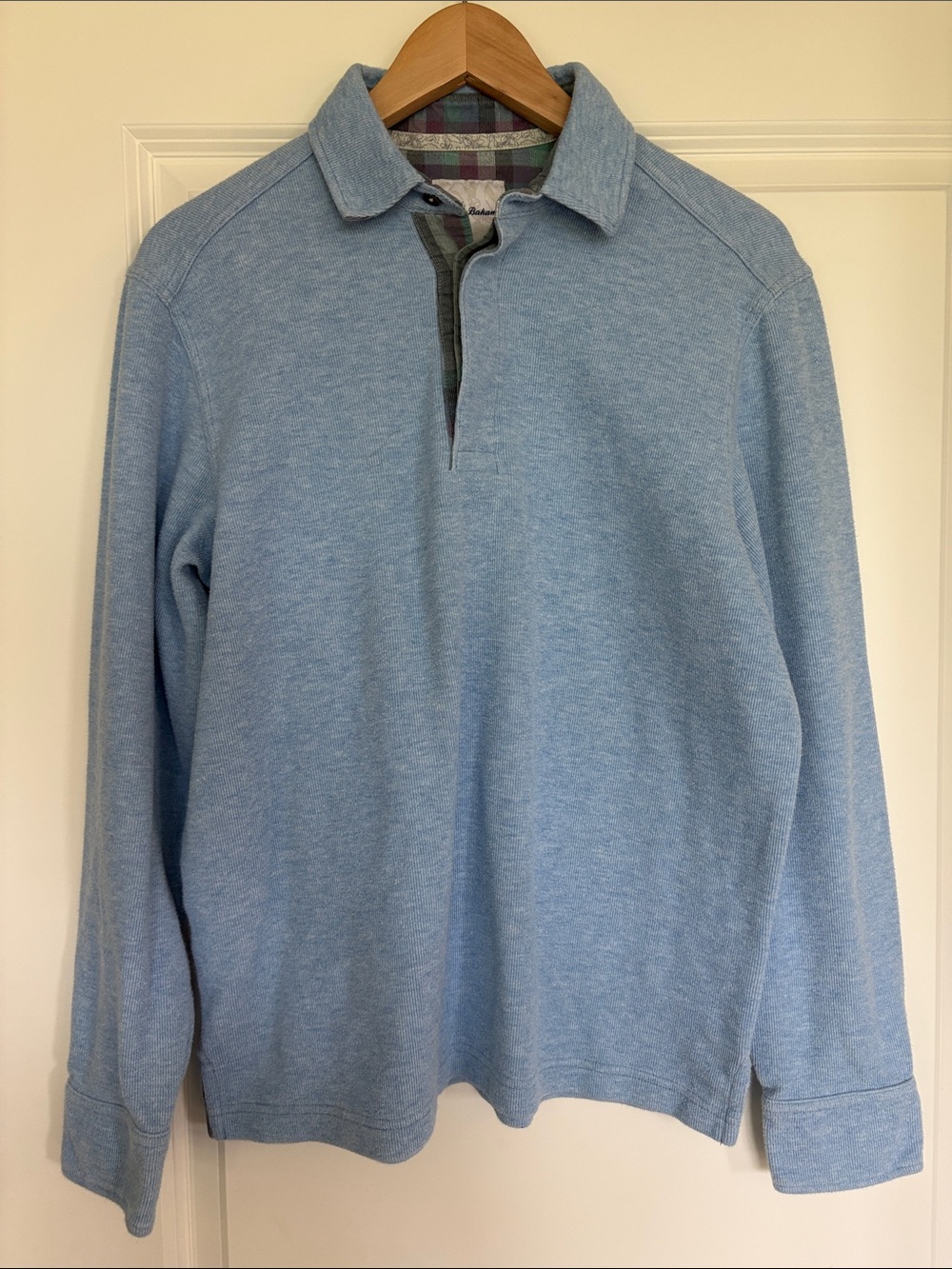 Tommy Bahama Light Blue Long-Sleeve Polo with Plaid Neck Trim
